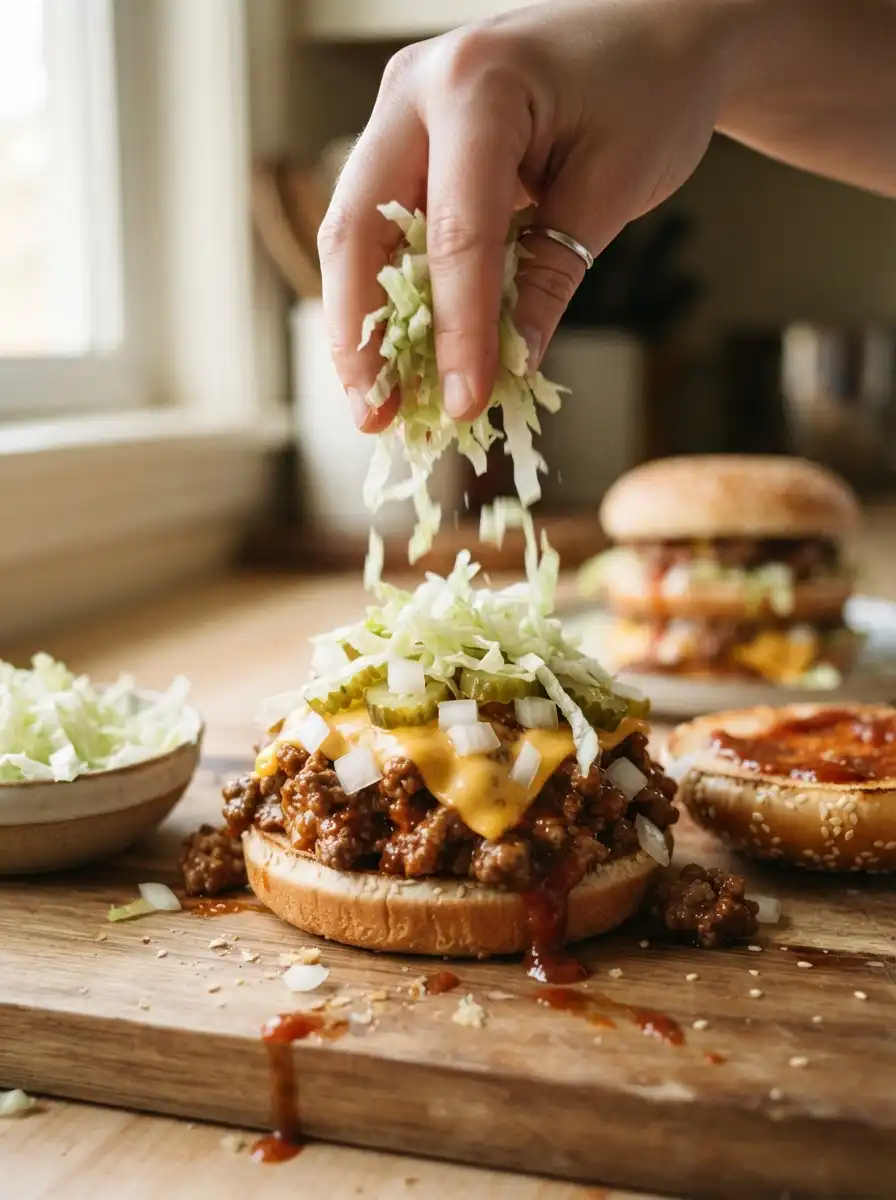 Big Mac sloppy joe sandwich piled with seasoned beef, melted American cheese, shredded lettuce, and special sauce on a toasted sesame seed bun