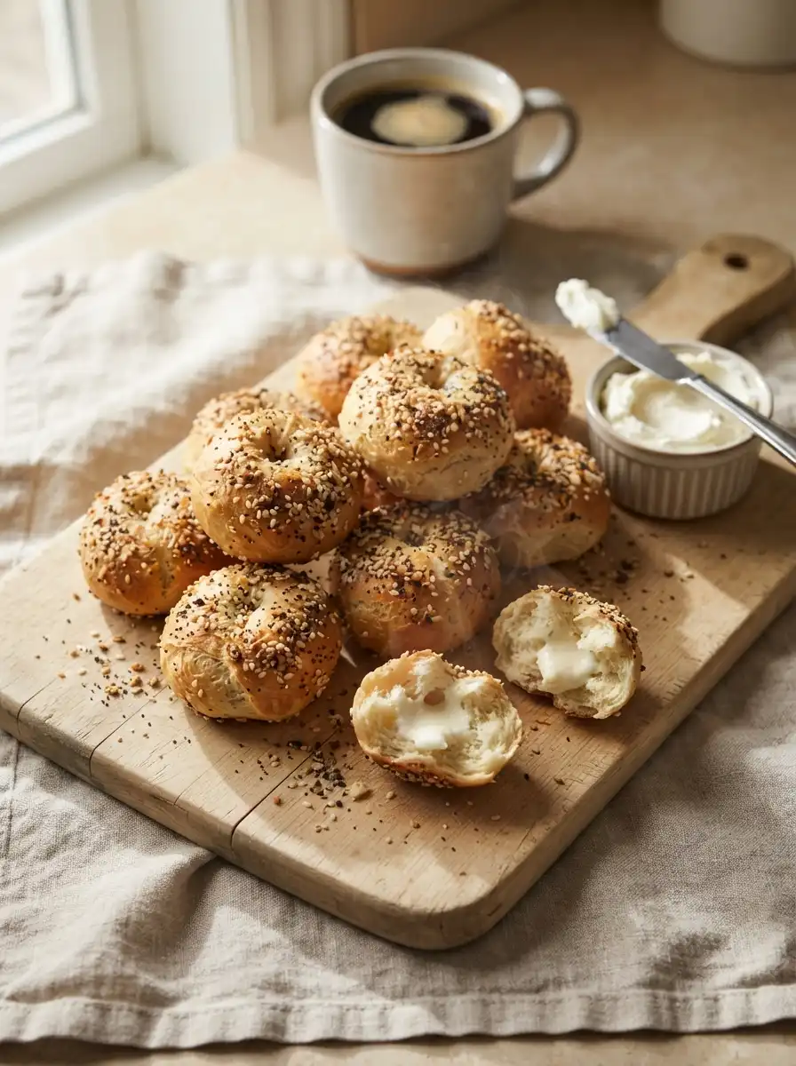 Golden-brown everything bagel bites topped with sesame seeds and poppy seeds, some with melty cream cheese centers