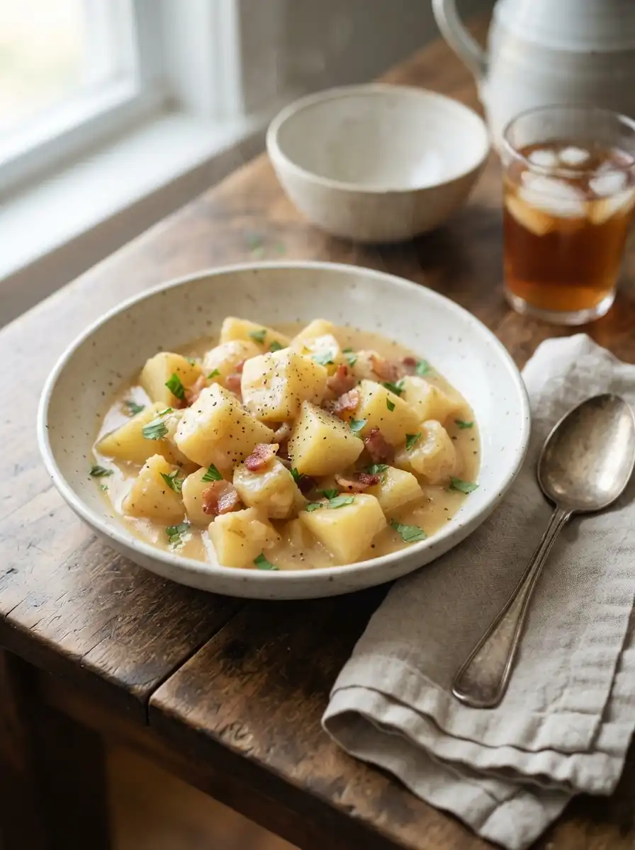 Southern stewed potatoes in a creamy bacon gravy in a Dutch oven